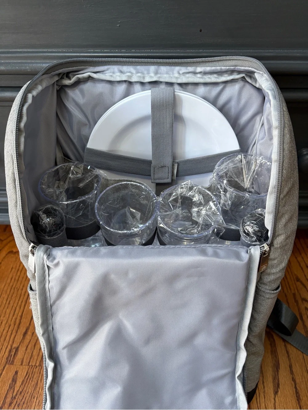 NEW Insulated Gray Canvas Picnic Backpack with Plates, Drinkware, Utensils